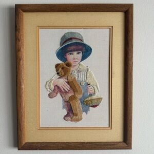 Vintage Embroidery Nursery Baby Art Wooden Framed Kid With Teddy Bear 16x20”